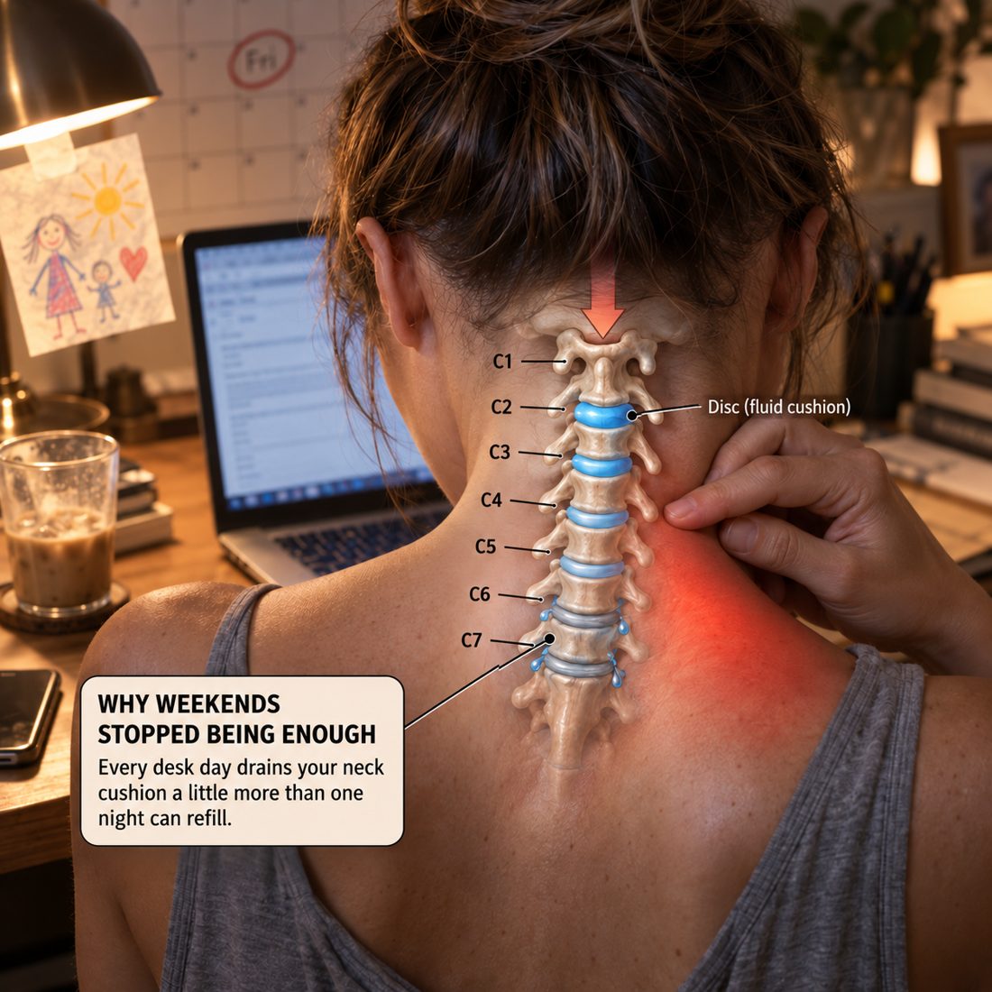 Illustrated neck spine over a woman rubbing her neck at her desk