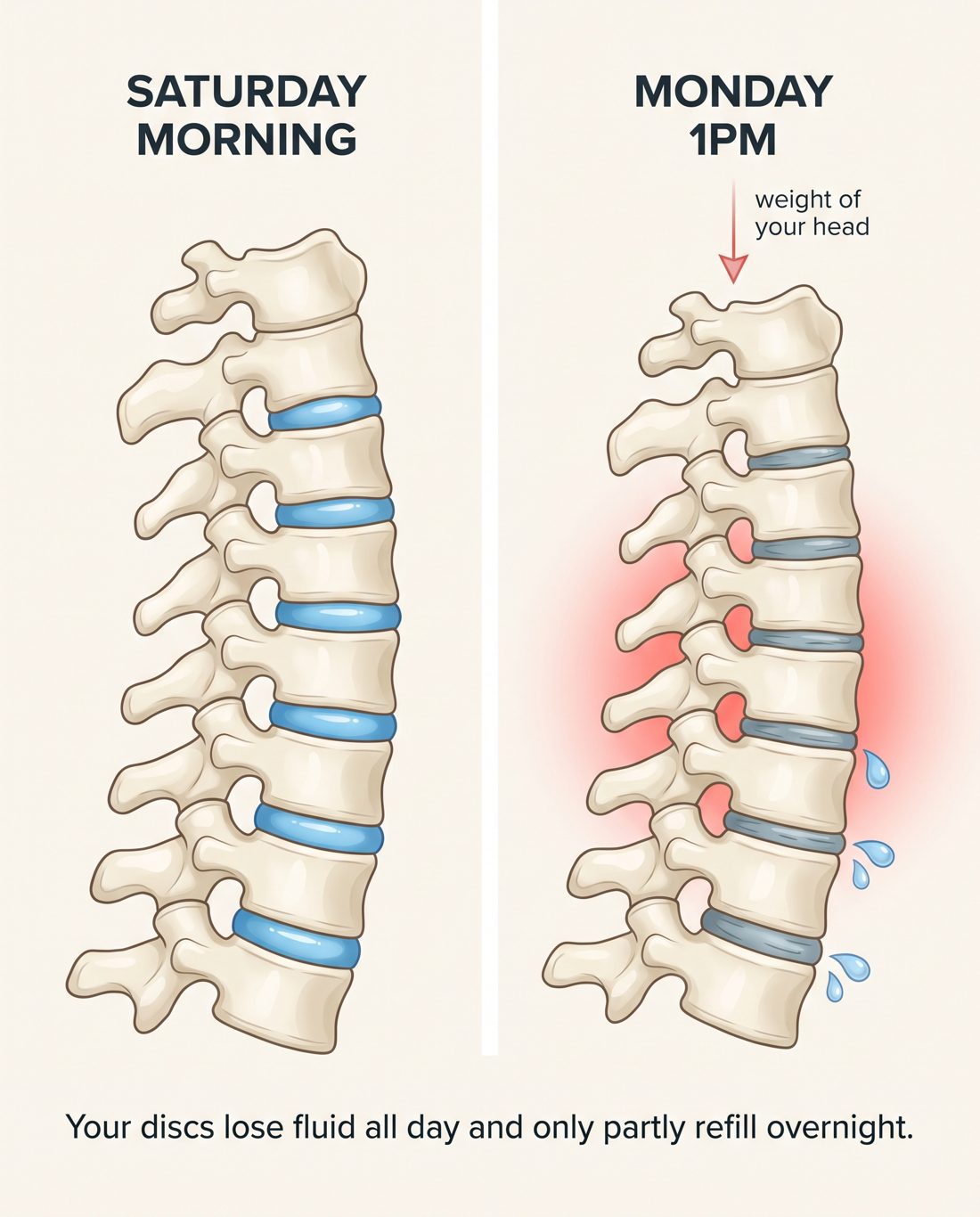 Neck spine on Saturday morning with full blue discs, and on Monday at 1pm with flatter grey discs
