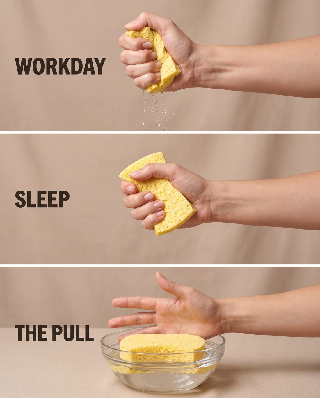 A sponge squeezed in a fist, loosely held, then soaking in water with the hand open