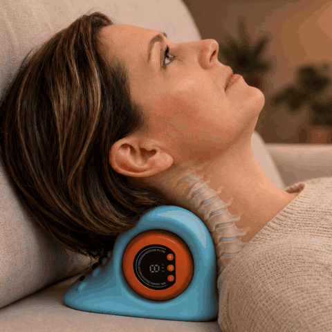 A woman lying on the Recervo neck massager as vibration pulses travel up her neck and she relaxes